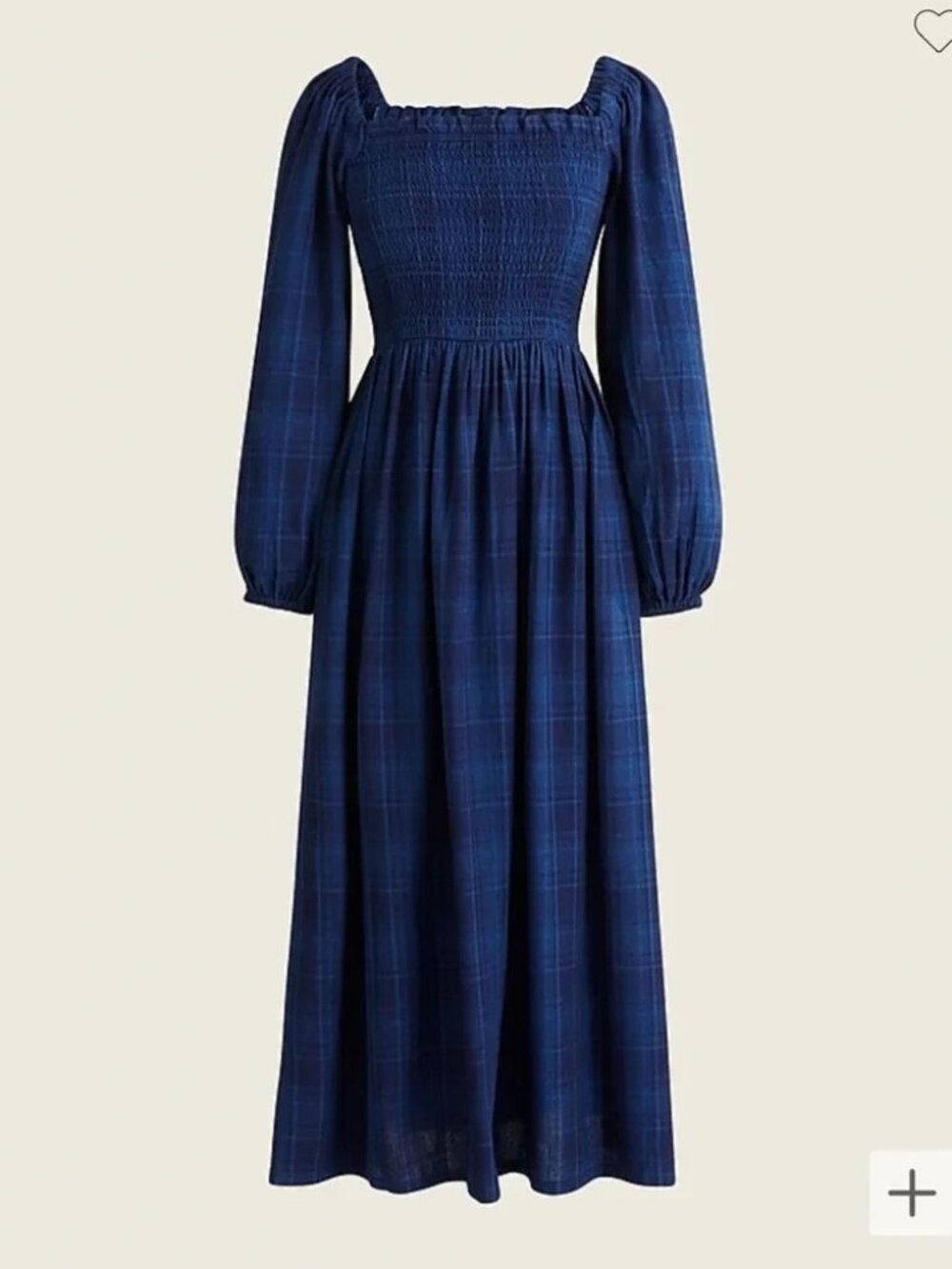 J. Crew Smocked Puff-Sleeve Midi Dress in Navy Blue Plaid Size XS